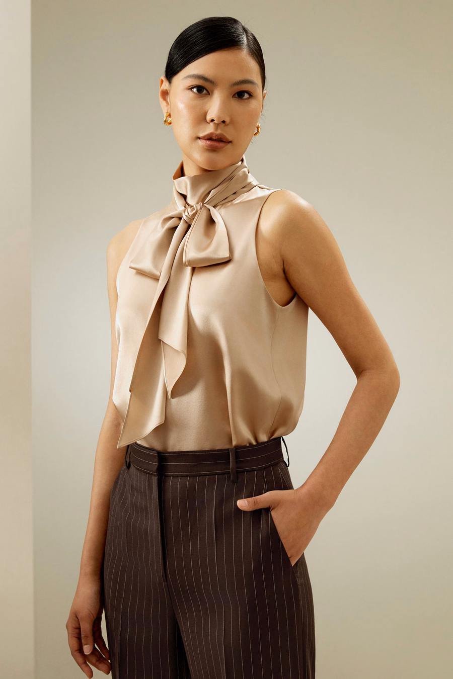 Sleeveless Tie-Neck Silk Blouse