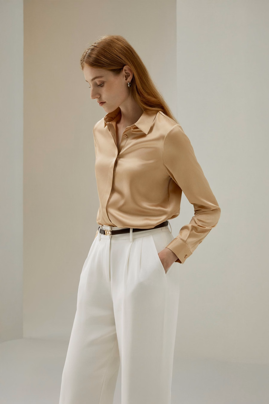 Basic Concealed Placket Silk Shirt