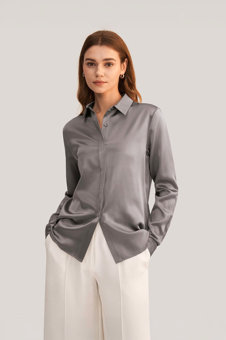 Basic Concealed Placket Silk Shirt