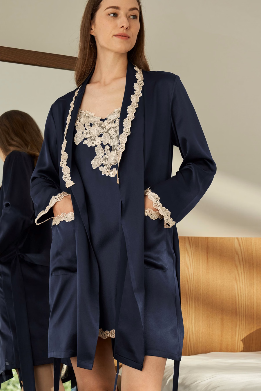 Silk Nightgown & Robe Set With Delicate Lace