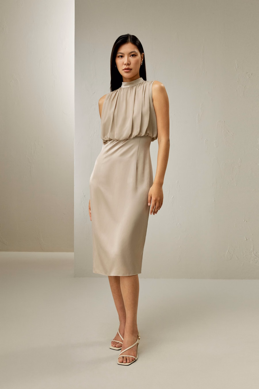 Pleated Sleeveless Midi Silk Dress