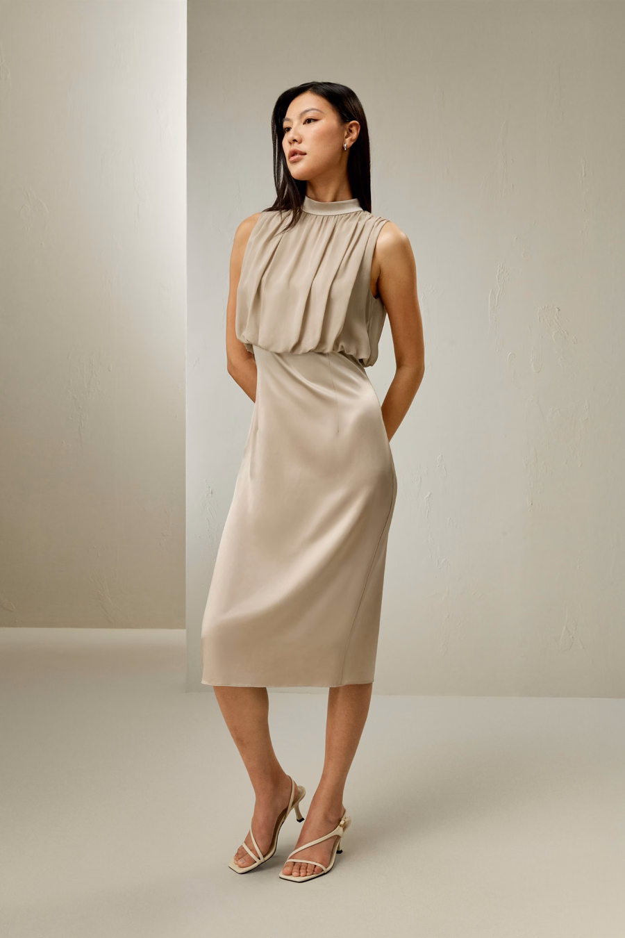 Pleated Sleeveless Midi Silk Dress
