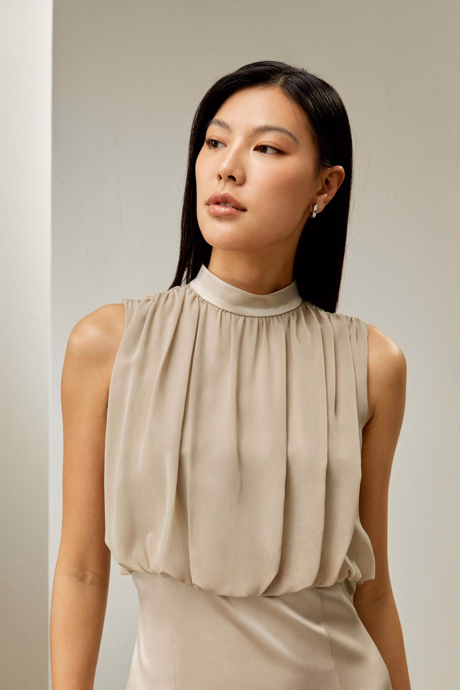 Pleated Sleeveless Midi Silk Dress