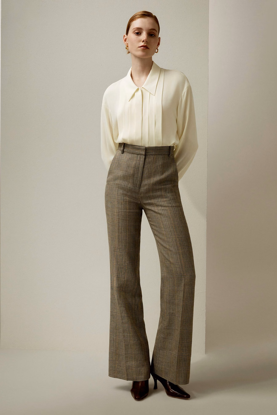 Pleated Point Collar Silk Blouse