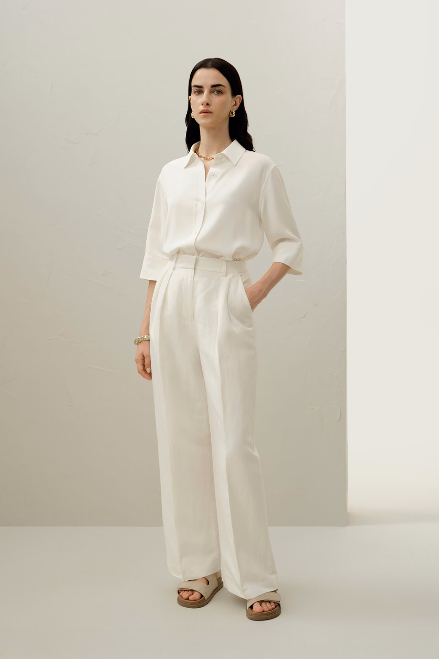 Silk Crepe Relaxed Half-Sleeve Shirt