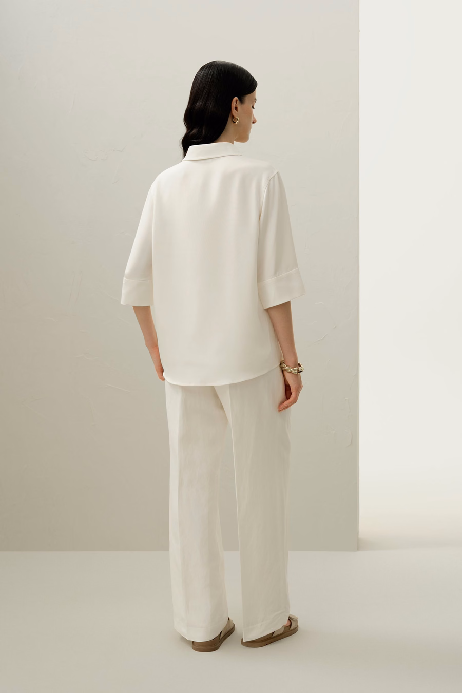 Silk Crepe Relaxed Half-Sleeve Shirt