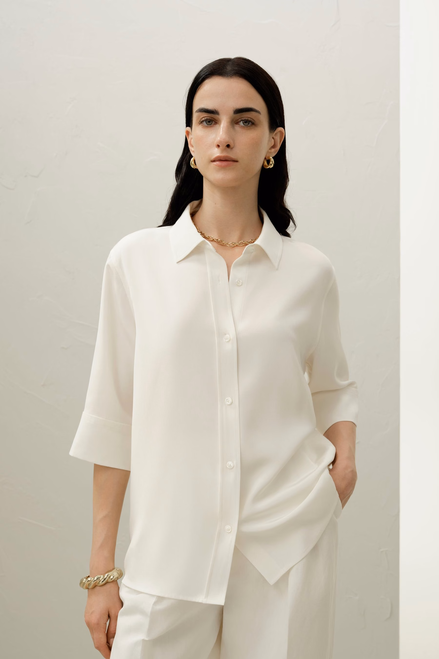 Silk Crepe Relaxed Half-Sleeve Shirt