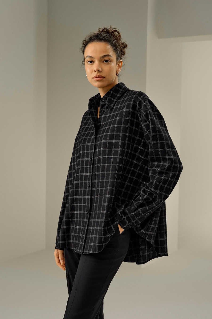 Silk-wool windowpane pattern shirt