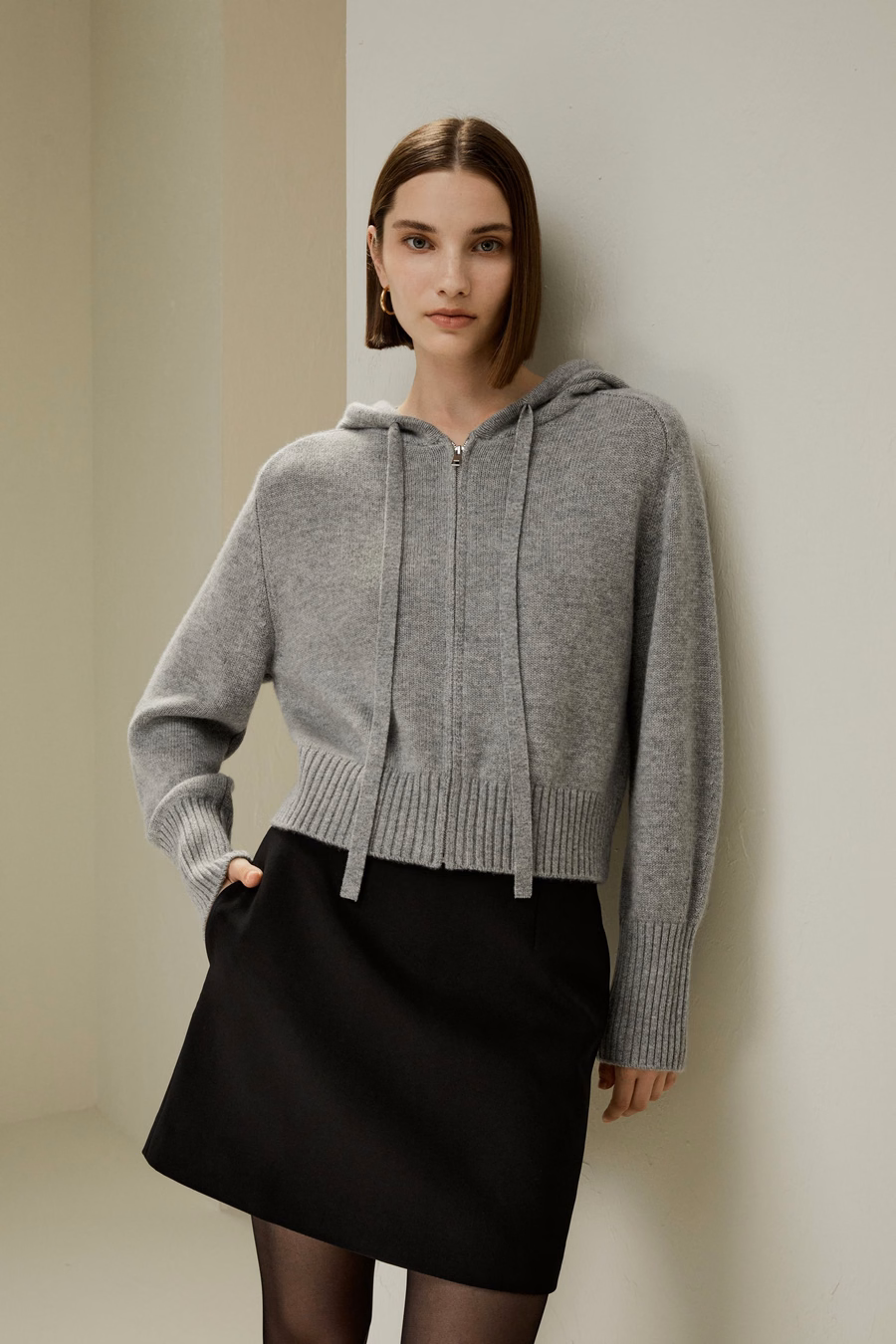 Short Zip-Up Wool Cashmere Hoodie