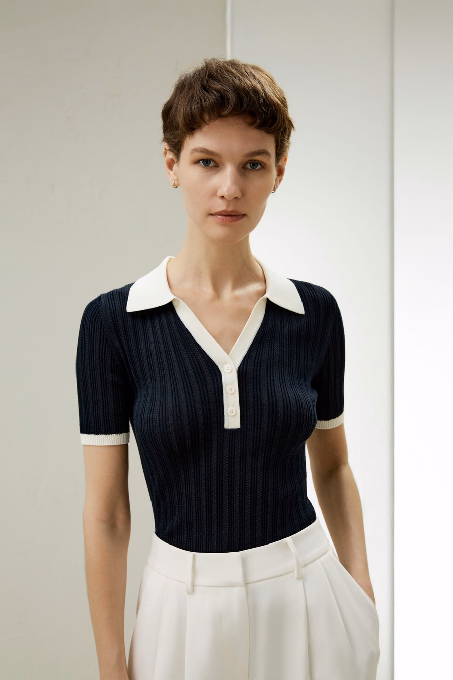 V Neck Ribbed Silk Knit Top