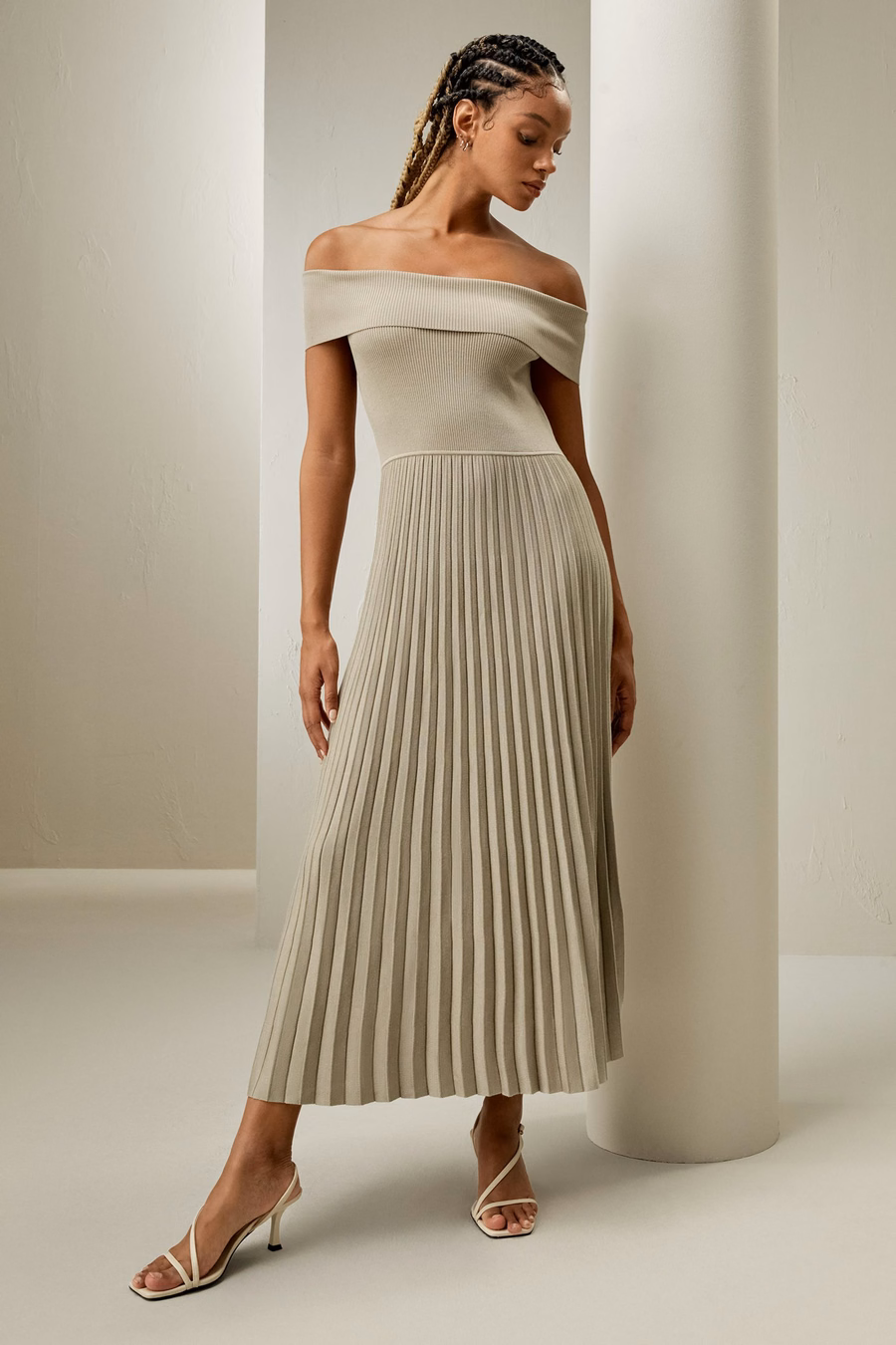 Off-Shoulder Hybrid Pleated Dress