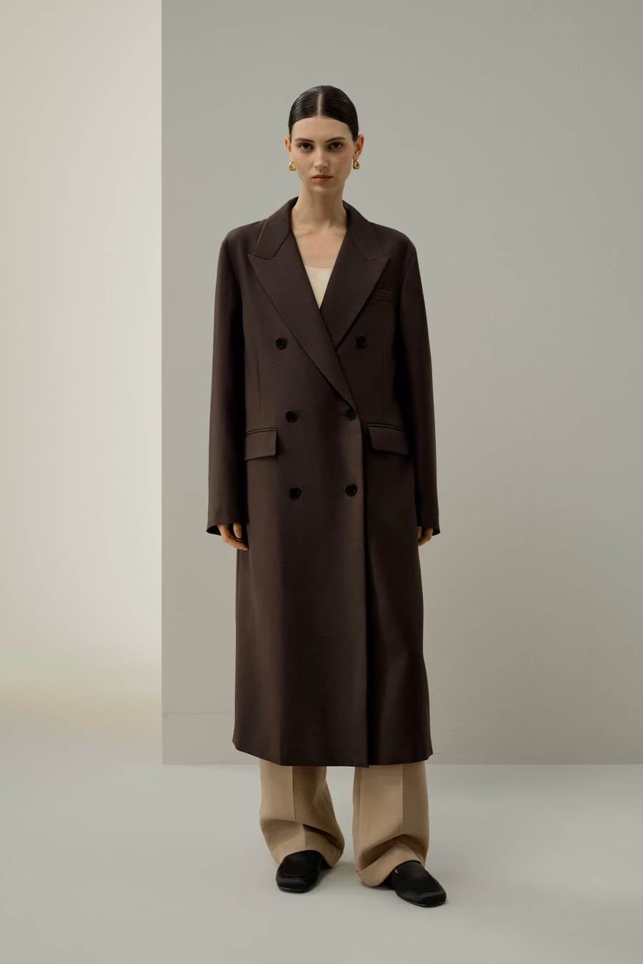 Draped Silk-Wool Draped Long Coat