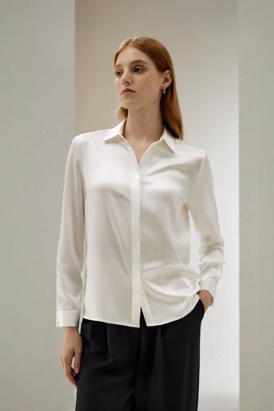 Basic Concealed Placket Silk Shirt