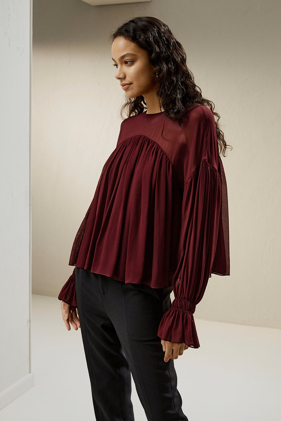 Sheer-shoulder Ruffle Shirt