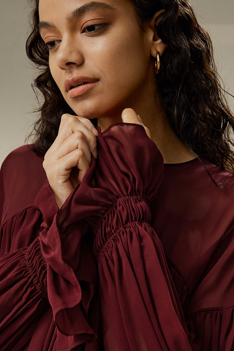 Sheer-shoulder Ruffle Shirt