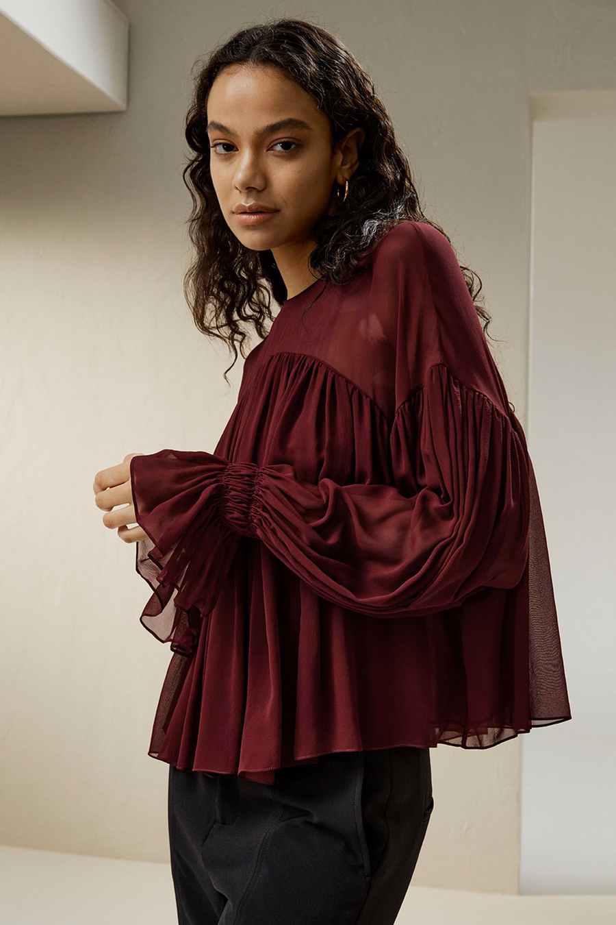 Sheer-shoulder Ruffle Shirt