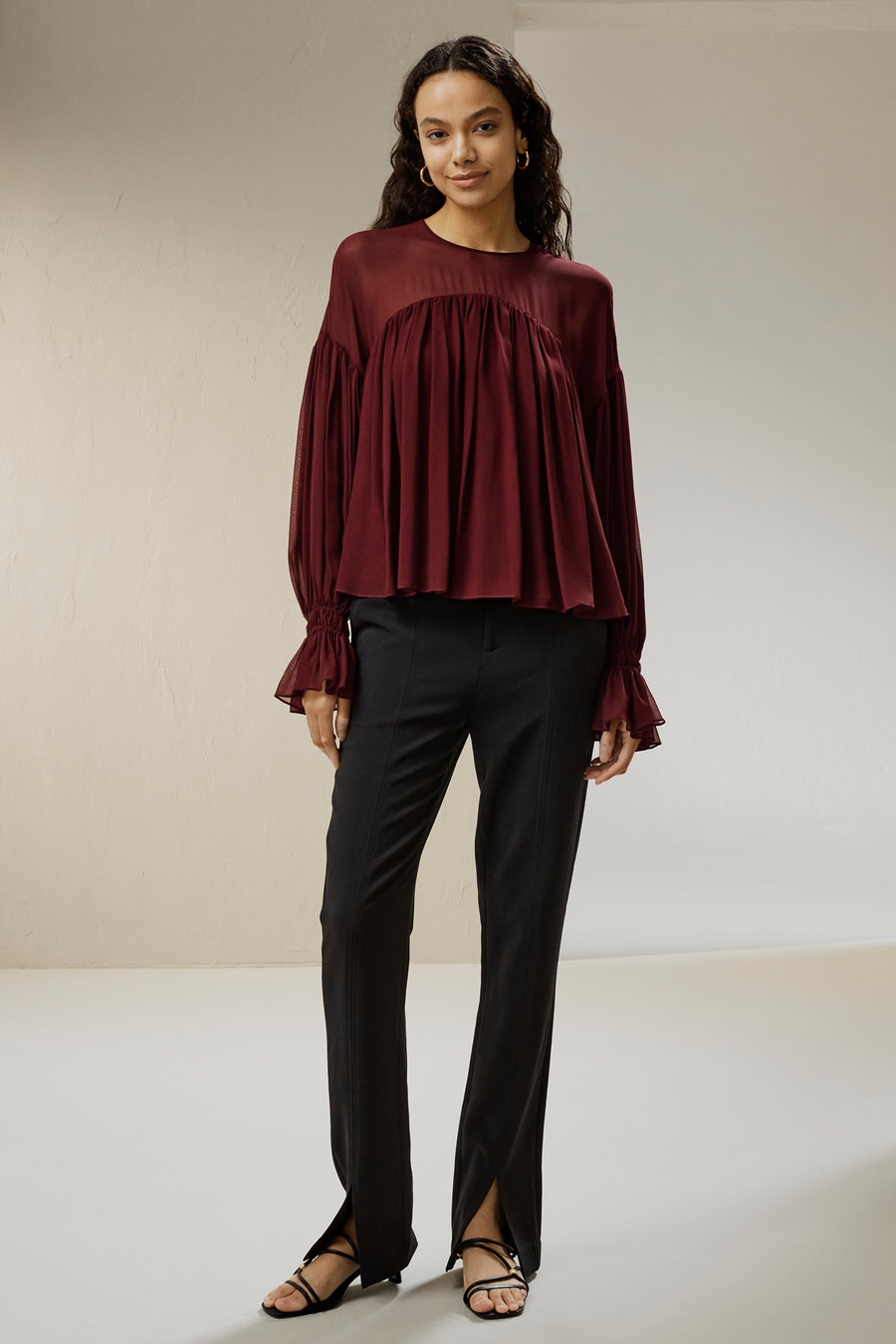 Sheer-shoulder Ruffle Shirt