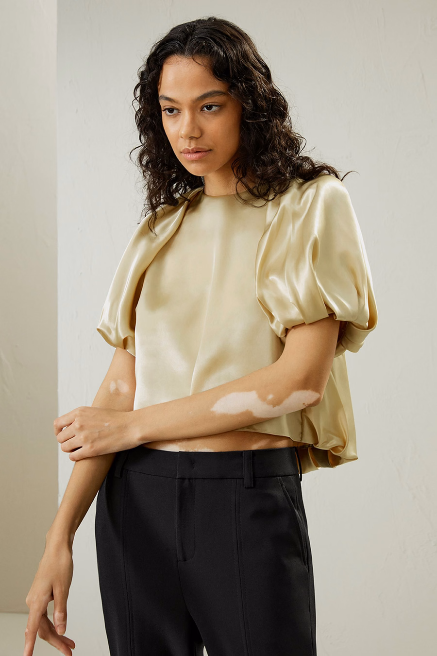 Puff Short Sleeve Watershine Silk Top