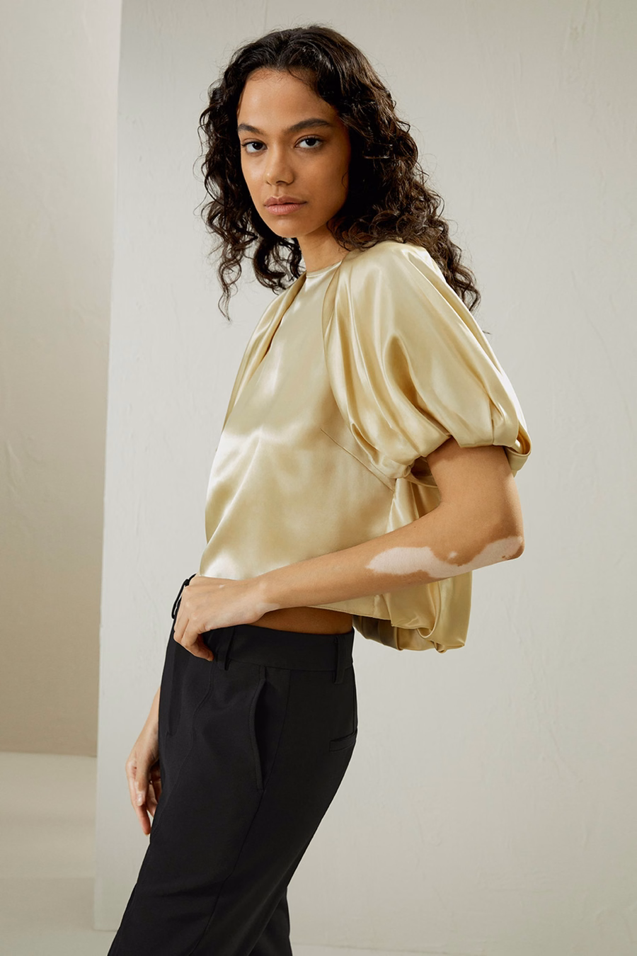 Puff Short Sleeve Watershine Silk Top